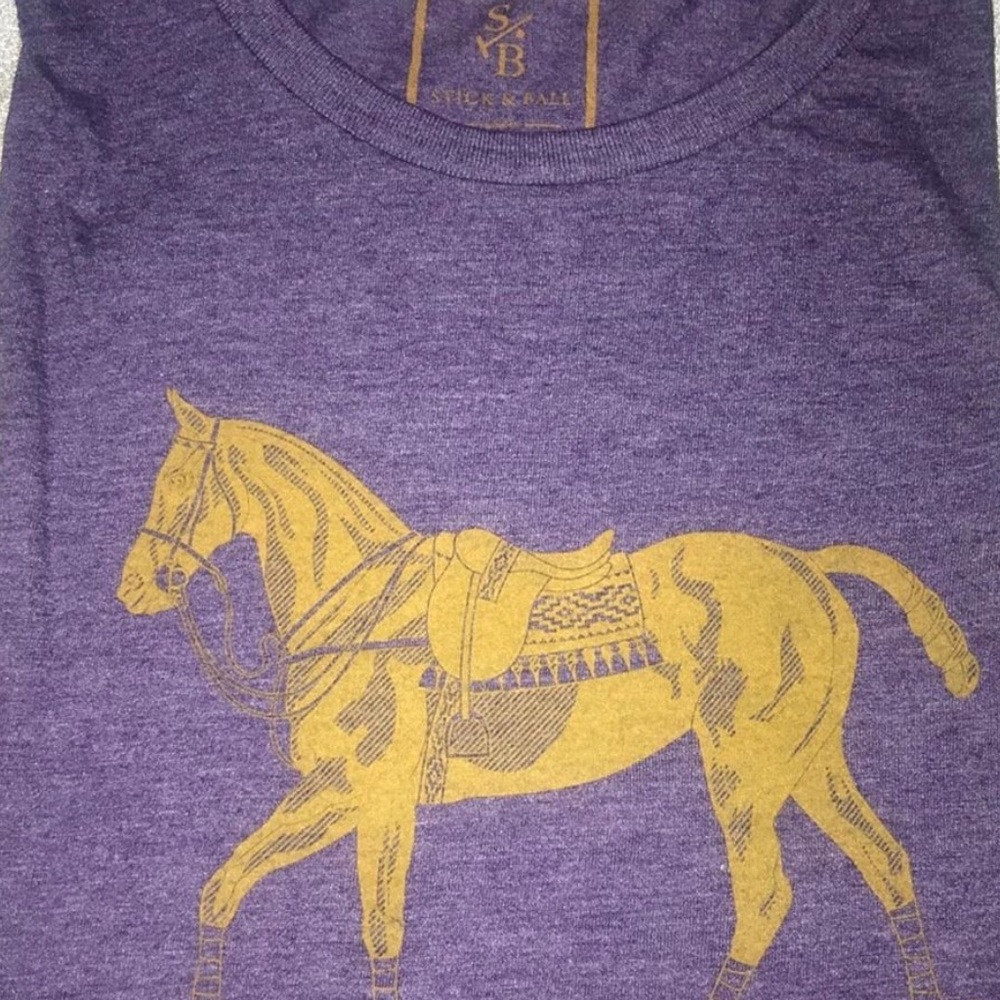Stick & Ball Gold foil Polo Horse on regal purple T-shirt.